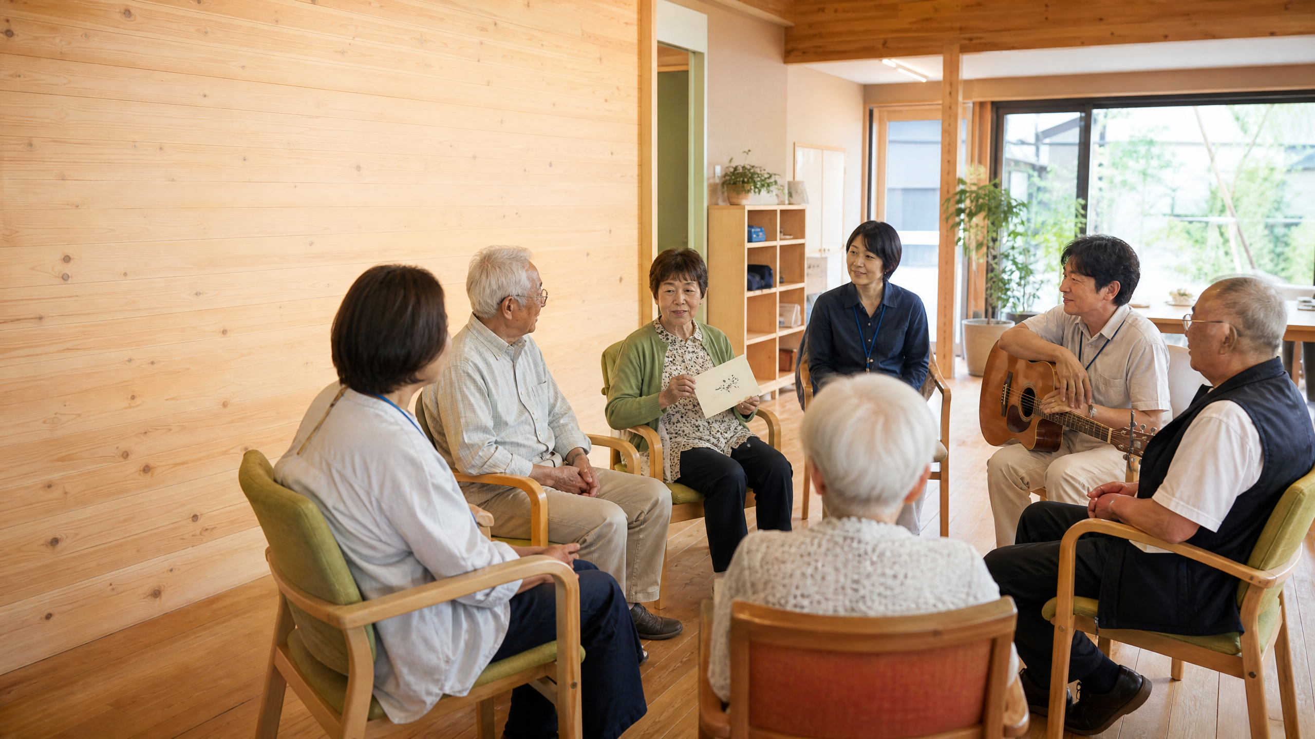 楽器を囲みながら高齢者と歌と語りを楽しむ教室